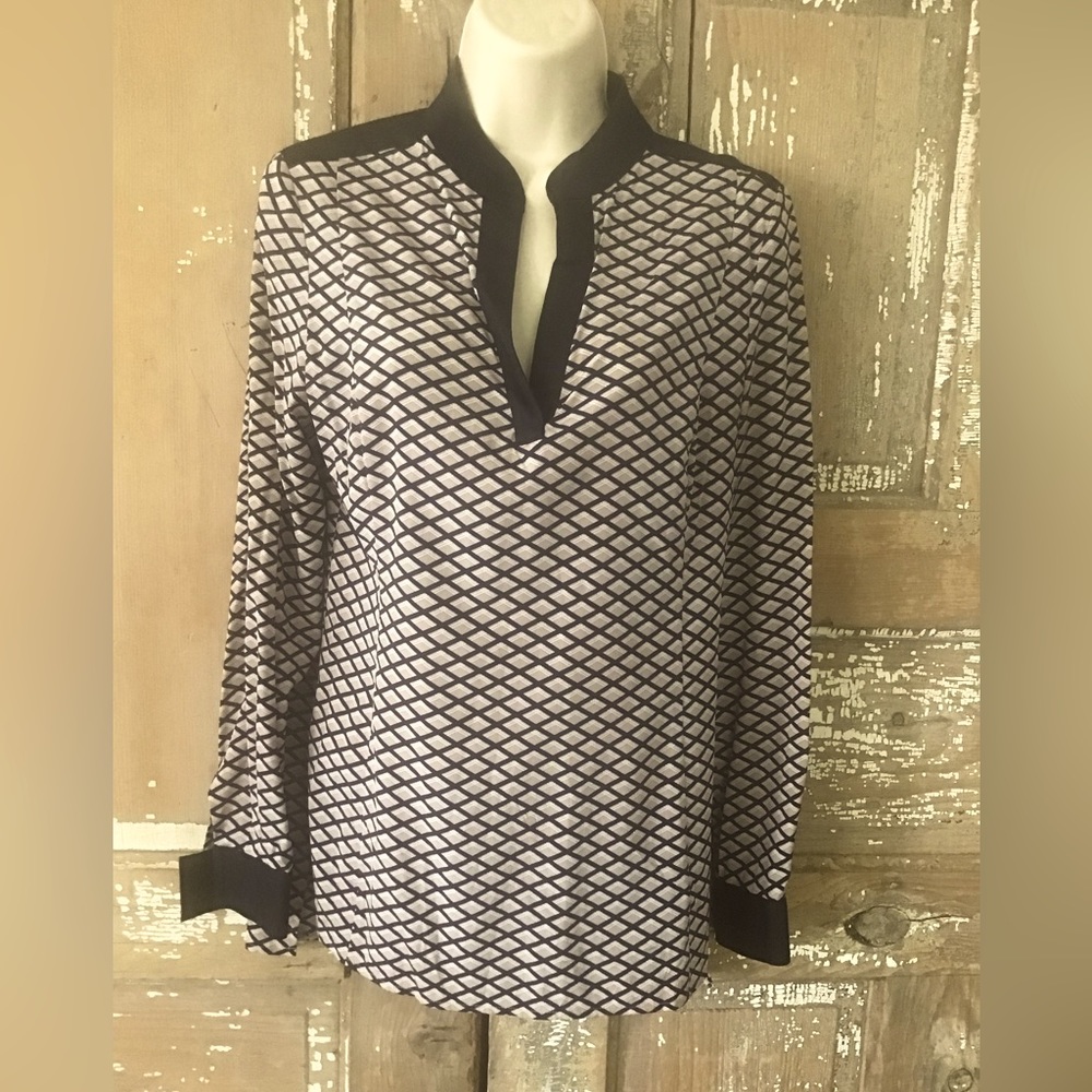 Tory Burch Blouse Top Silk Size2 Classic Long Sleeve Stretch Quilted Trim